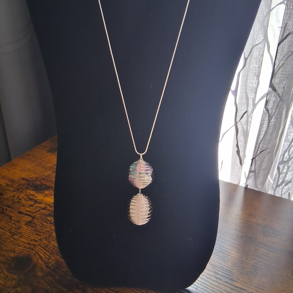 Silver Double Orb Pendant Necklace with Iridescent Top
